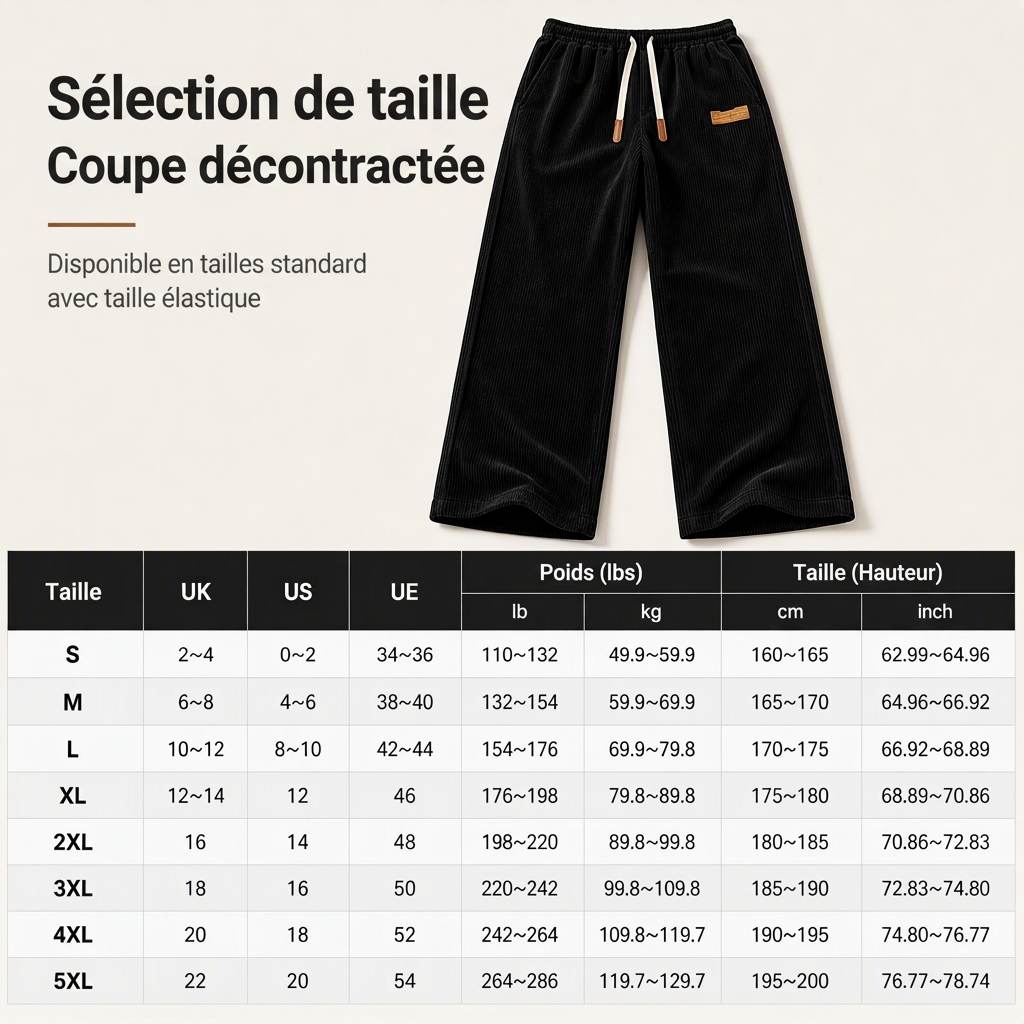 Pantalon décontracté en velours côtelé pour homme, à jambes larges, taille élastique avec cordon de serrage, coupe décontractée et ample