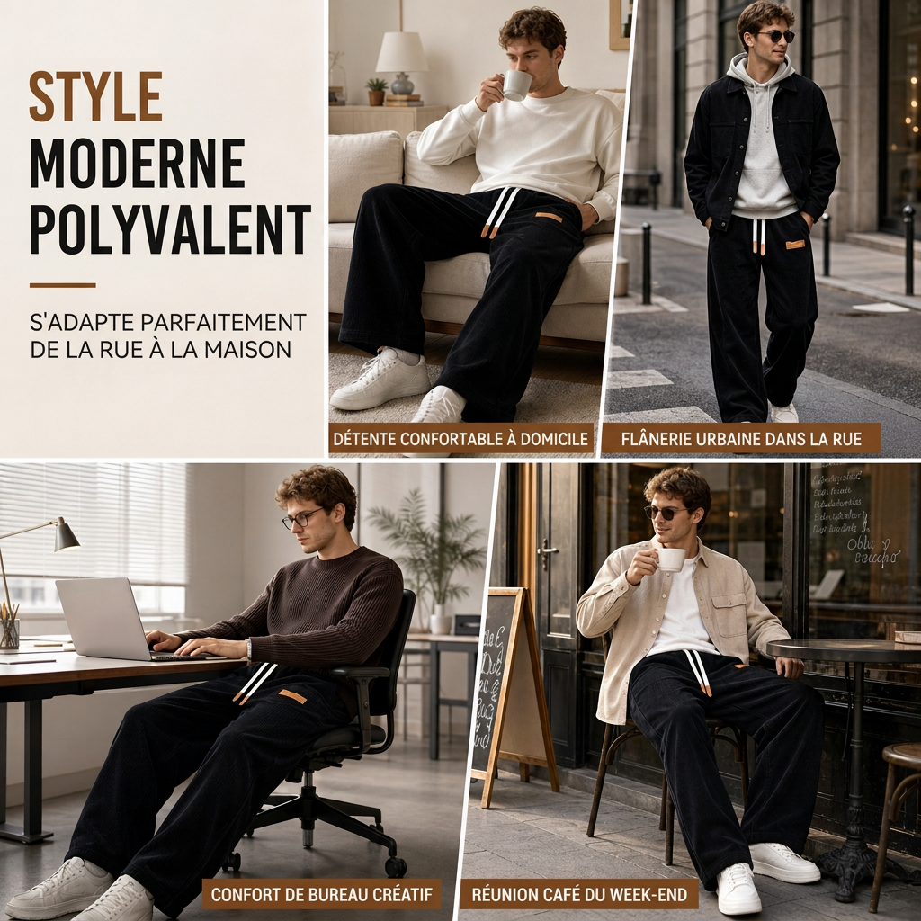 Pantalon décontracté en velours côtelé pour homme, à jambes larges, taille élastique avec cordon de serrage, coupe décontractée et ample