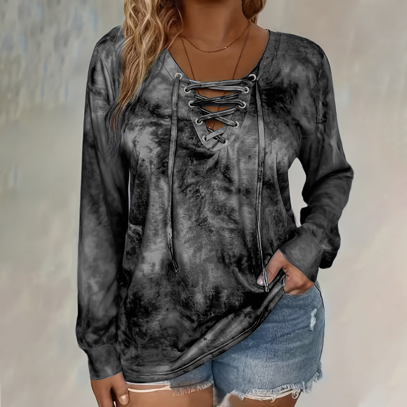Haut pour femme à col V, à lacets et imprimé tie-dye