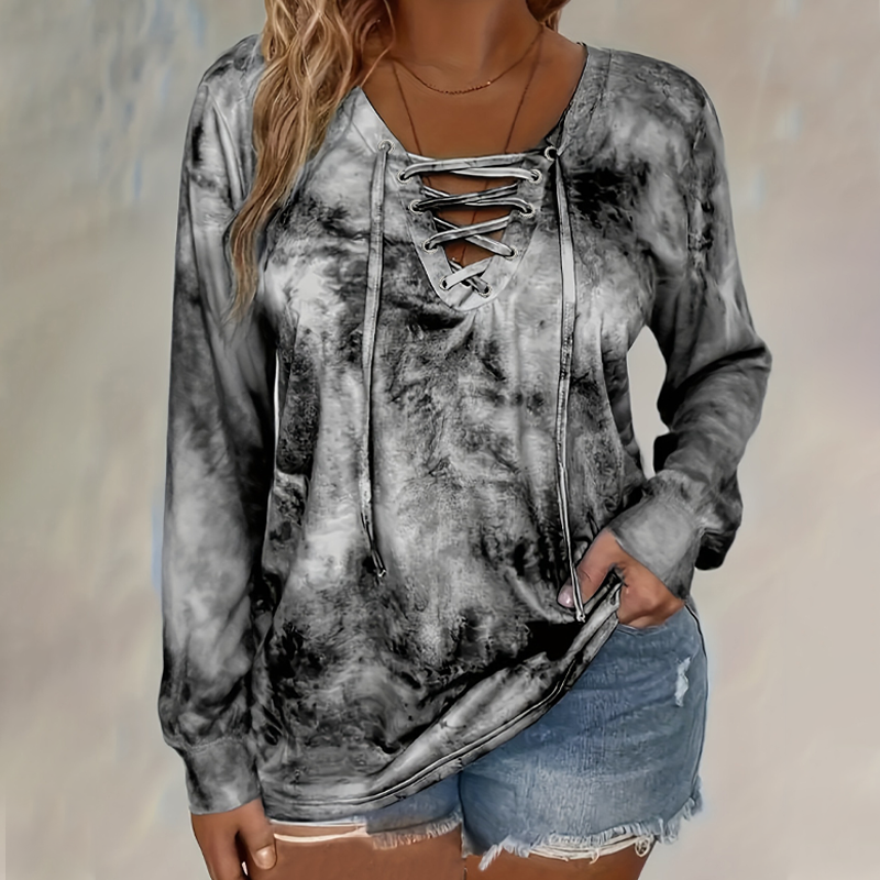 Haut pour femme à col V, à lacets et imprimé tie-dye