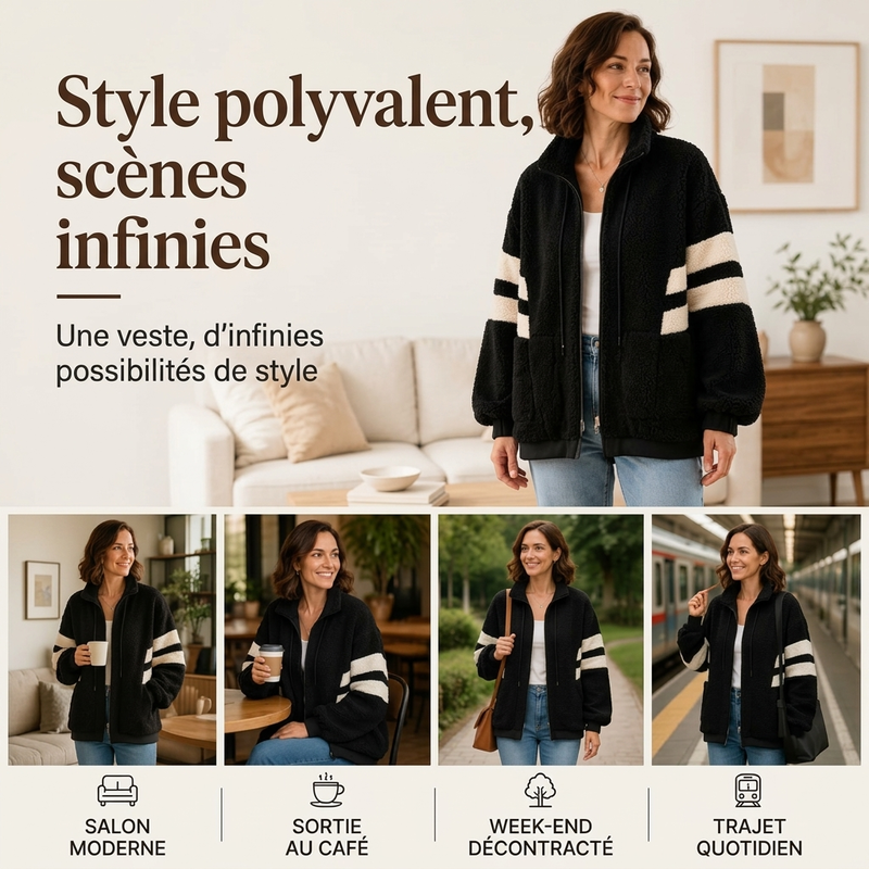 Veste Femme Oversize en Fausse Fourrure Mouton avec Fermeture à Glissière