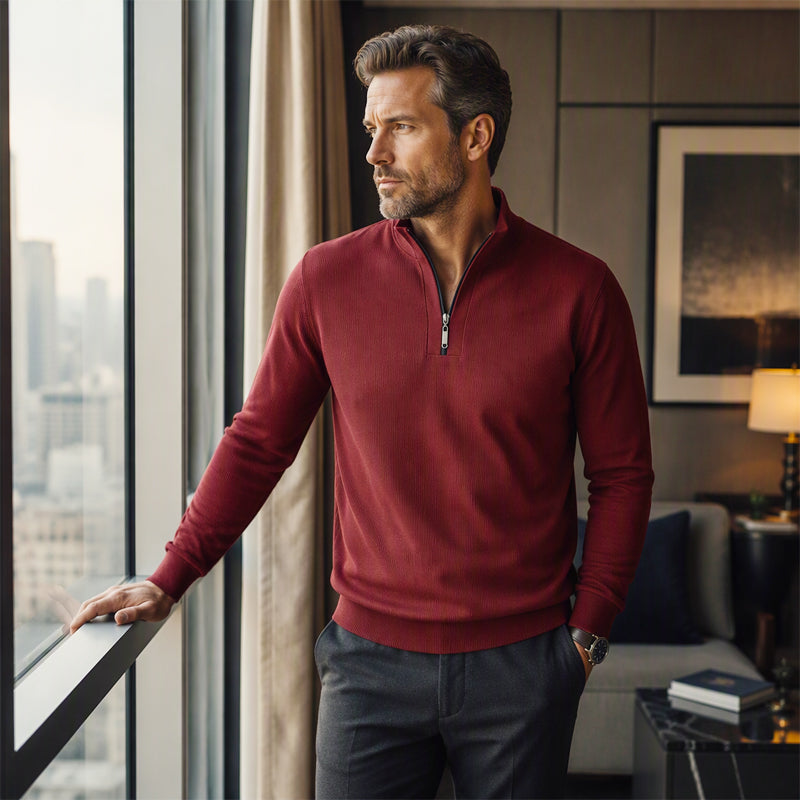 Sweat-shirt côtelé à demi-zip pour homme avec doublure chaude