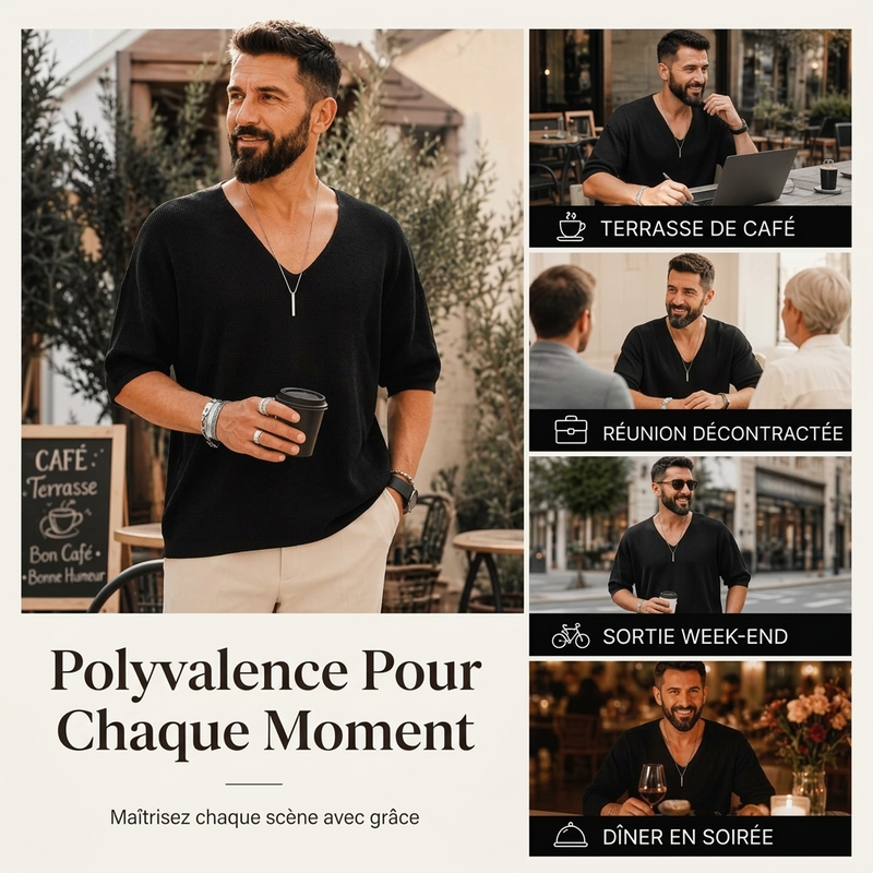 T-shirt en maille décontracté pour homme à col en V