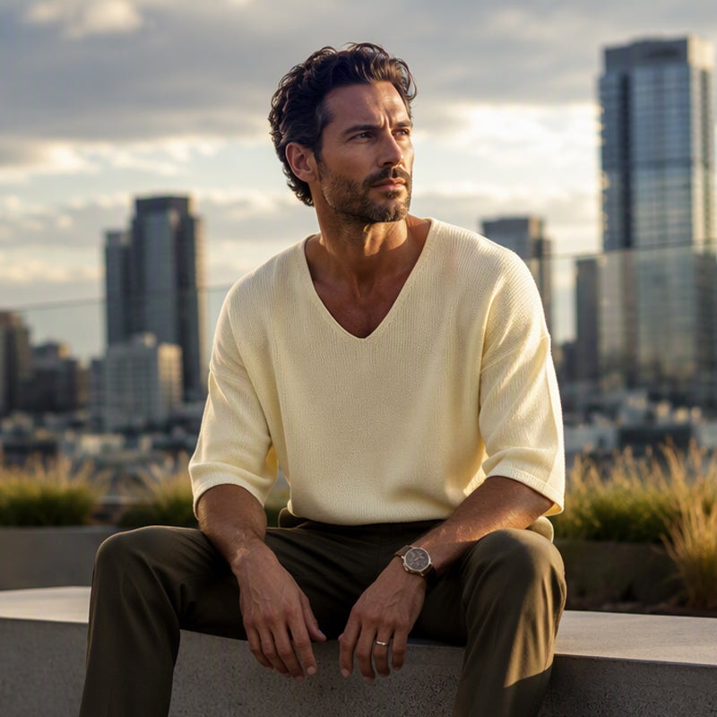T-shirt en maille décontracté pour homme à col en V