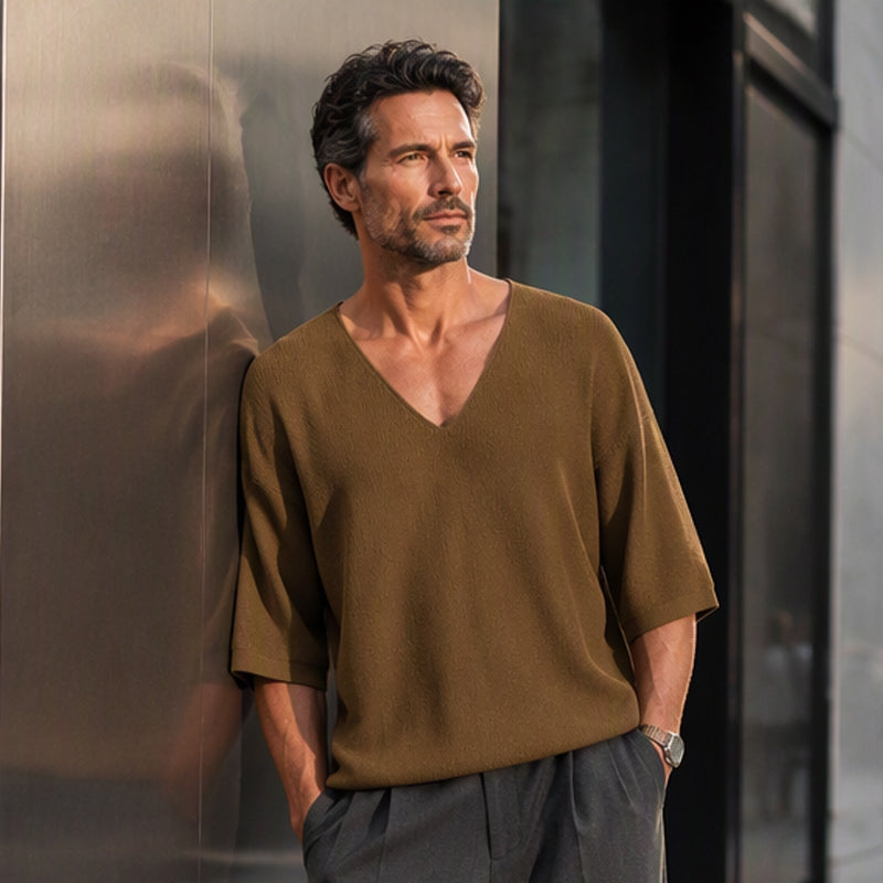 T-shirt en maille décontracté pour homme à col en V