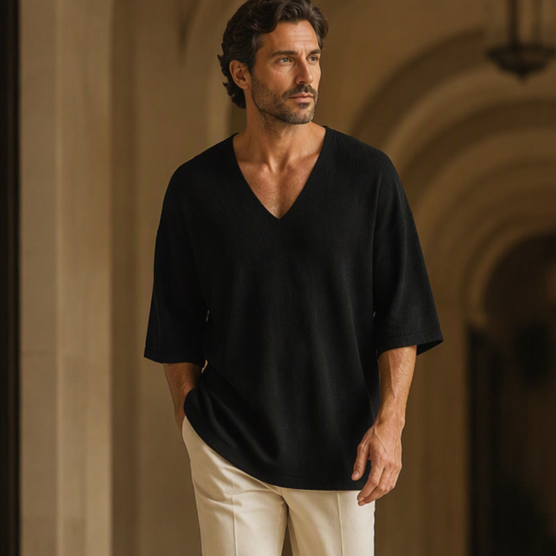 T-shirt en maille décontracté pour homme à col en V
