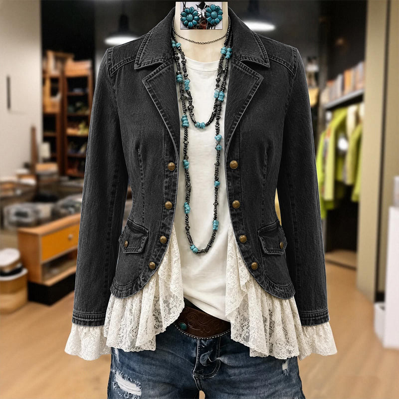 Veste en jean pour femme à col tailleur et ourlet en dentelle