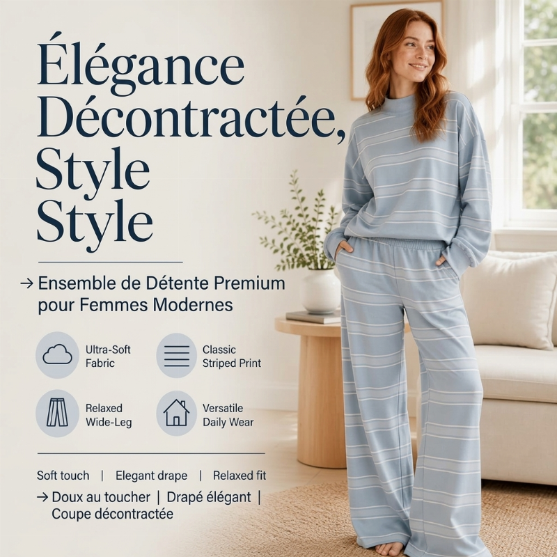 Ensemble haut rayé à col montant pour femme et pantalon à jambe large