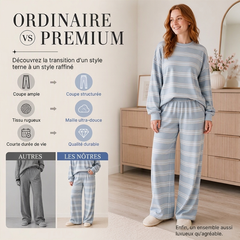 Ensemble haut rayé à col montant pour femme et pantalon à jambe large