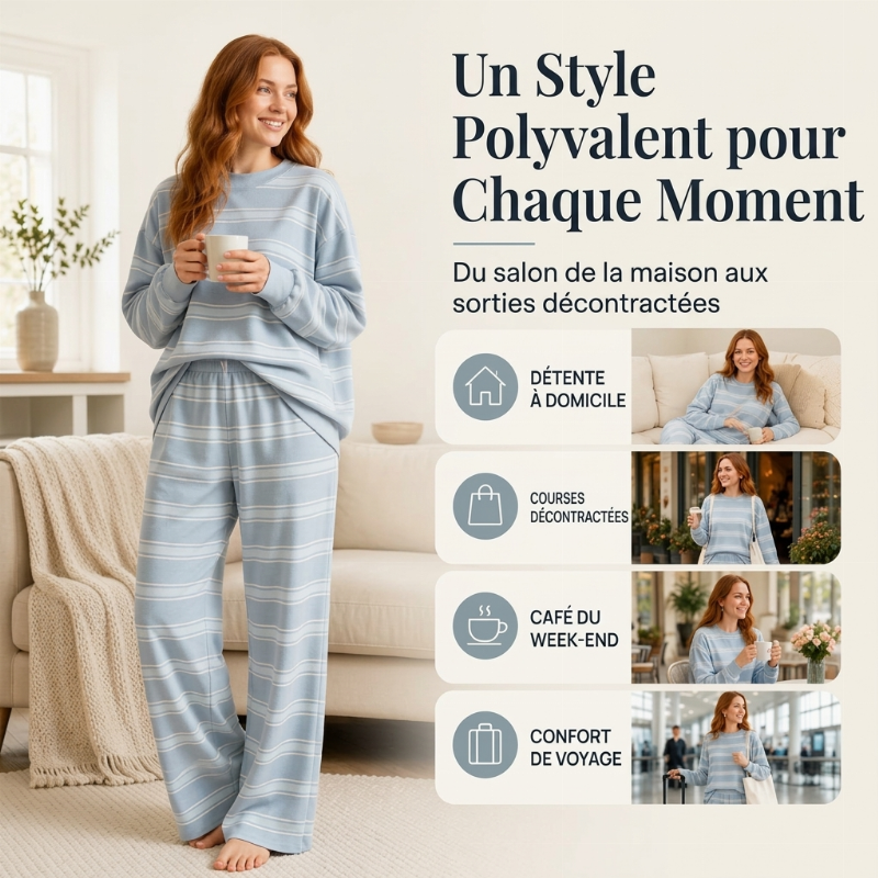 Ensemble haut rayé à col montant pour femme et pantalon à jambe large