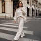 Ensemble haut rayé à col montant pour femme et pantalon à jambe large