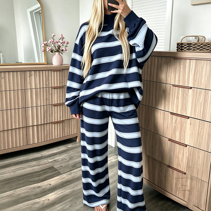 Ensemble haut rayé à col montant pour femme et pantalon à jambe large