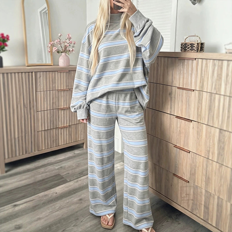 Ensemble haut rayé à col montant pour femme et pantalon à jambe large