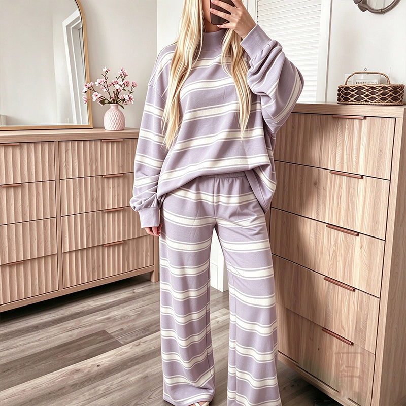 Ensemble haut rayé à col montant pour femme et pantalon à jambe large