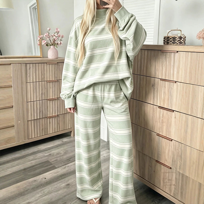 Ensemble haut rayé à col montant pour femme et pantalon à jambe large