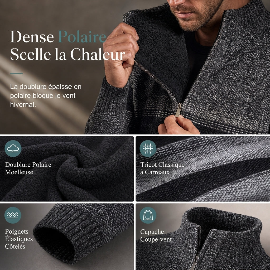 Cardigan en triqué à carreaux pour homme, doublure molletonnée, à capuche, manteau épais à manches longues pour l'hiver