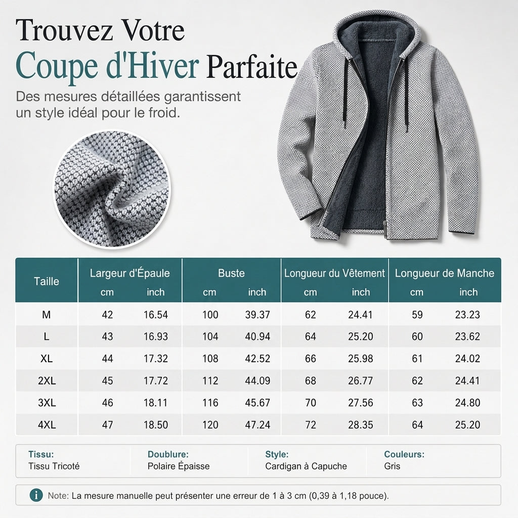 Cardigan en triqué à carreaux pour homme, doublure molletonnée, à capuche, manteau épais à manches longues pour l'hiver