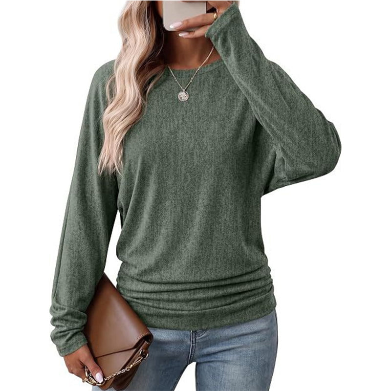 Haut décontracté à col rond et ourlet froncé pour femme