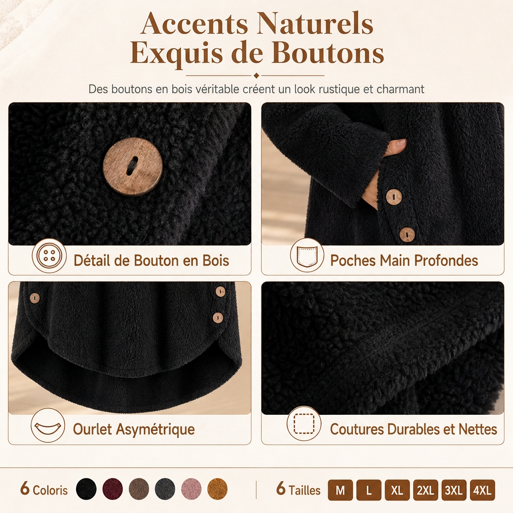 Manteau en peluche doublée polaire asymétrique à boutons, unis pour femme, hiver