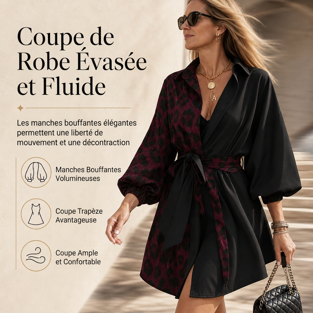 ⏳Liquidation totale⏳Robe courte chemise à manches longues pour femme, à imprimé léopard, avec patchwork contrasté et ceinture