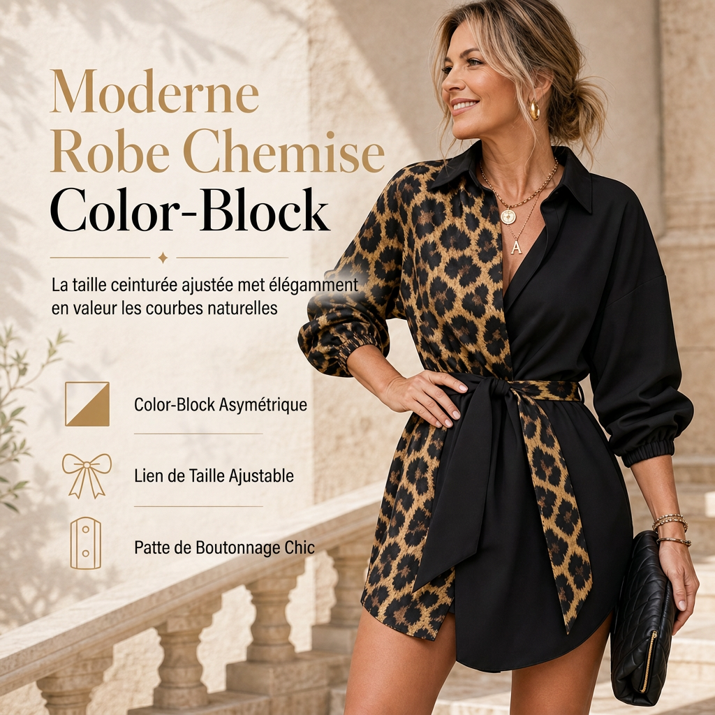 ⏳Liquidation totale⏳Robe courte chemise à manches longues pour femme, à imprimé léopard, avec patchwork contrasté et ceinture