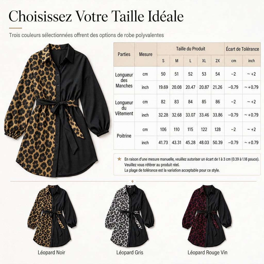 ⏳Liquidation totale⏳Robe courte chemise à manches longues pour femme, à imprimé léopard, avec patchwork contrasté et ceinture