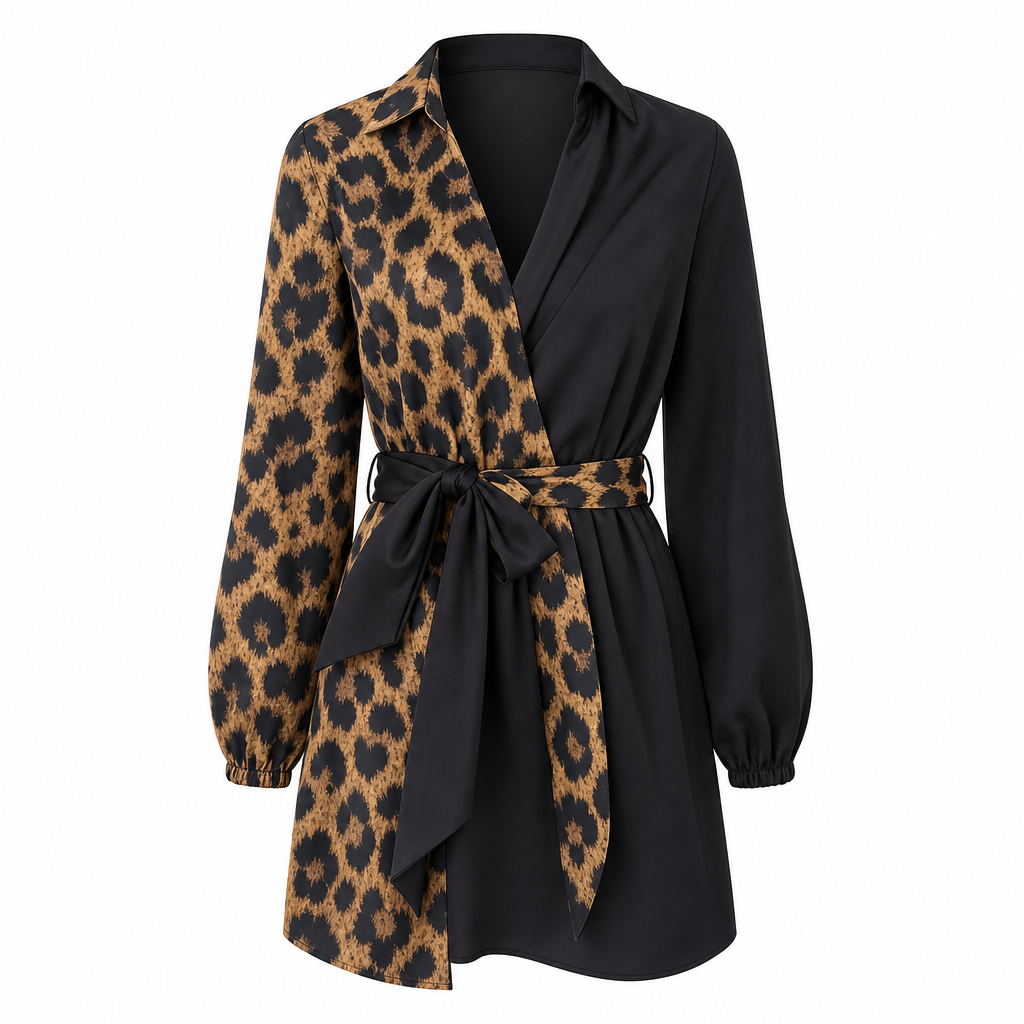 ⏳Liquidation totale⏳Robe courte chemise à manches longues pour femme, à imprimé léopard, avec patchwork contrasté et ceinture