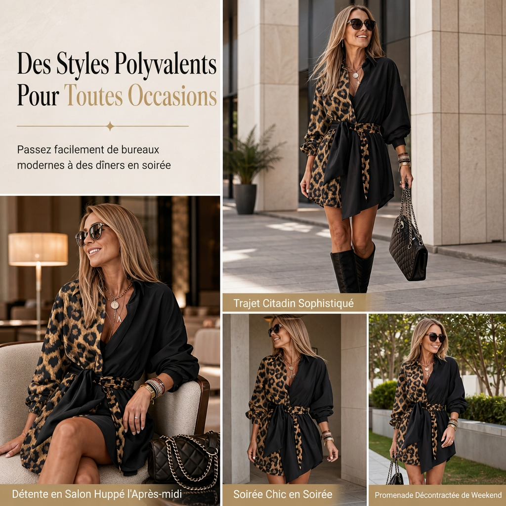 ⏳Liquidation totale⏳Robe courte chemise à manches longues pour femme, à imprimé léopard, avec patchwork contrasté et ceinture