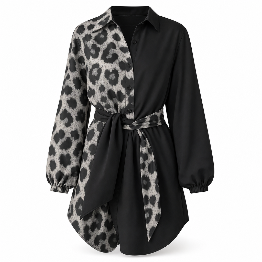 ⏳Liquidation totale⏳Robe courte chemise à manches longues pour femme, à imprimé léopard, avec patchwork contrasté et ceinture