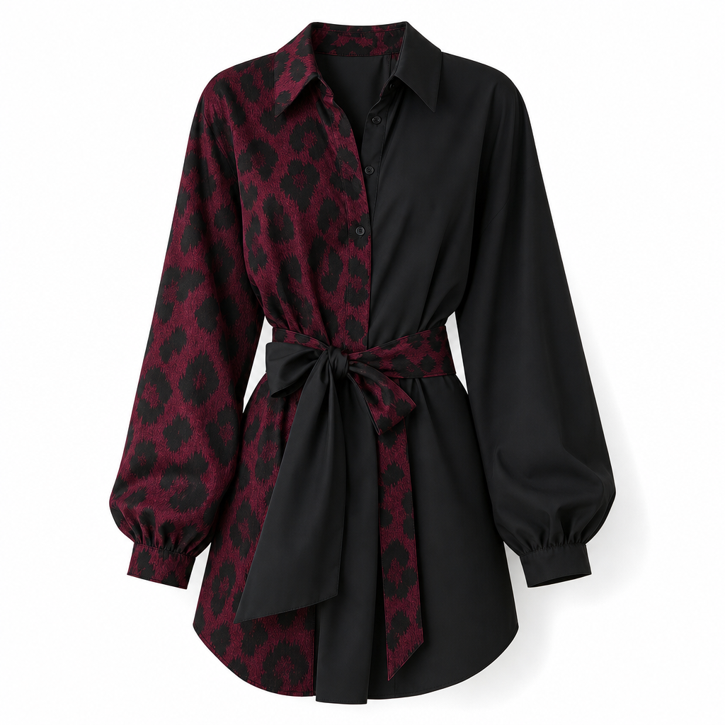 ⏳Liquidation totale⏳Robe courte chemise à manches longues pour femme, à imprimé léopard, avec patchwork contrasté et ceinture