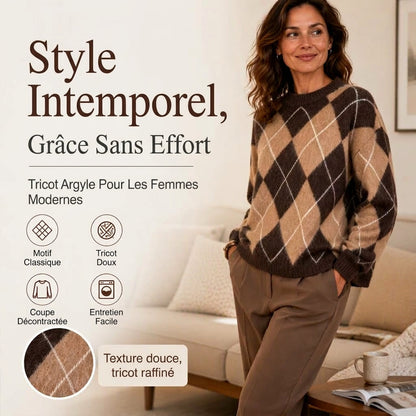Pull en tricot doux à motif losanges rétro pour femme