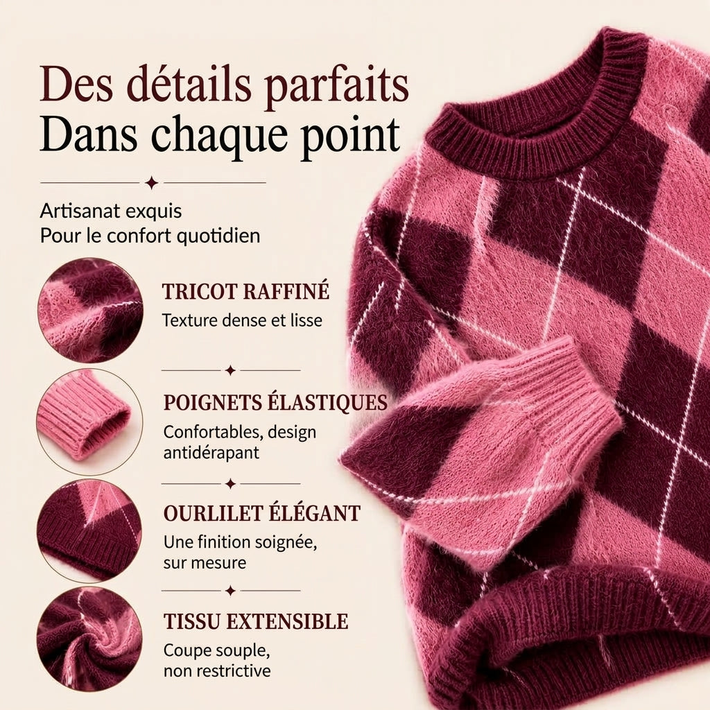 Pull en tricot doux à motif losanges rétro pour femme