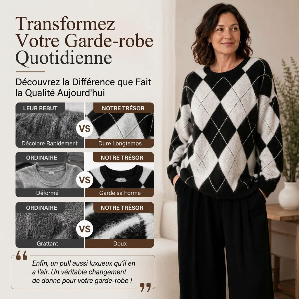 Pull en tricot doux à motif losanges rétro pour femme