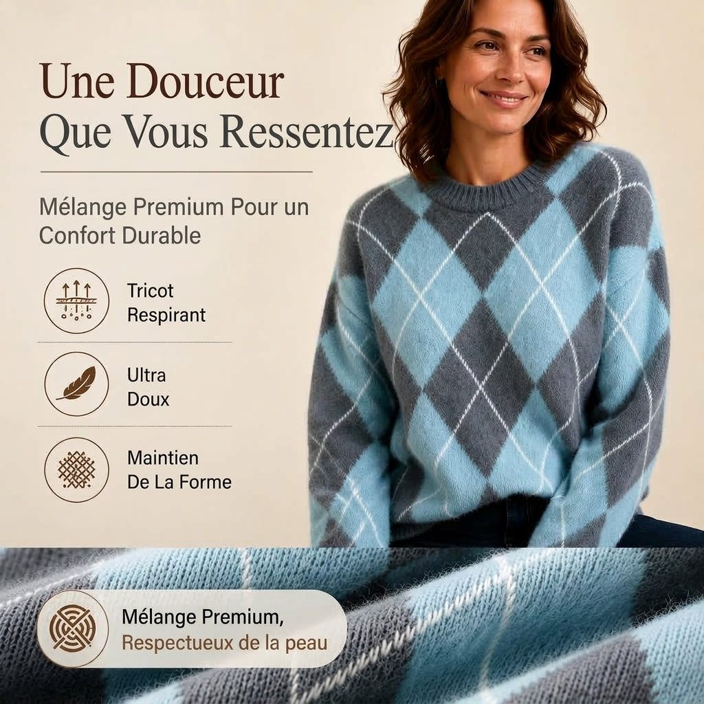 Pull en tricot doux à motif losanges rétro pour femme