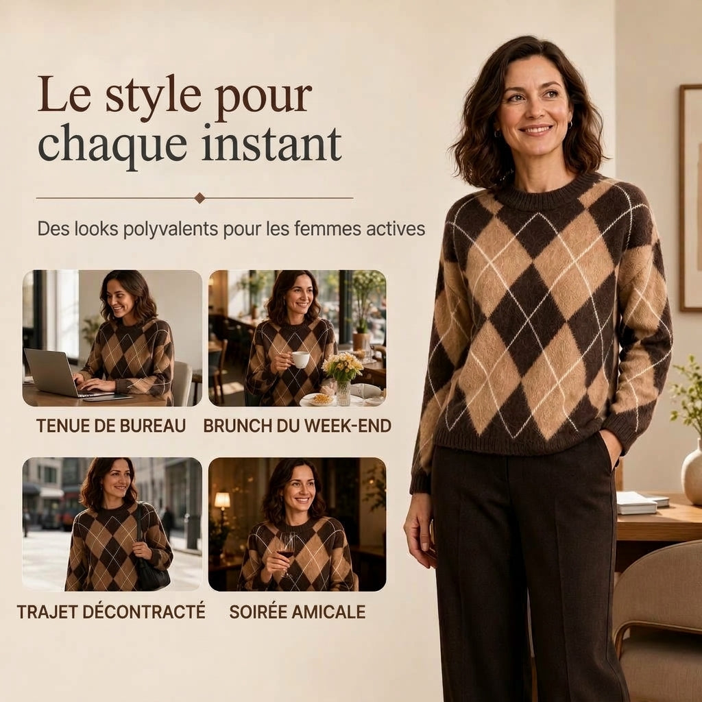 Pull en tricot doux à motif losanges rétro pour femme