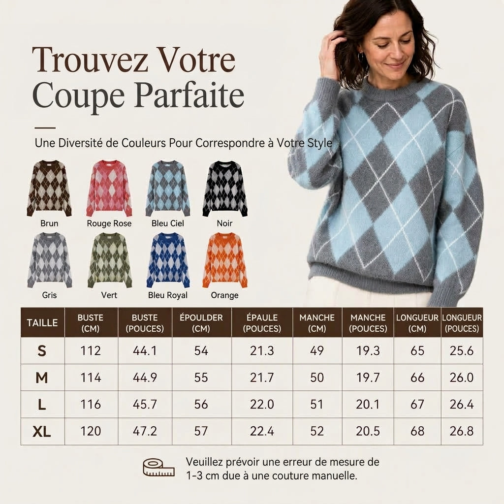 Pull en tricot doux à motif losanges rétro pour femme