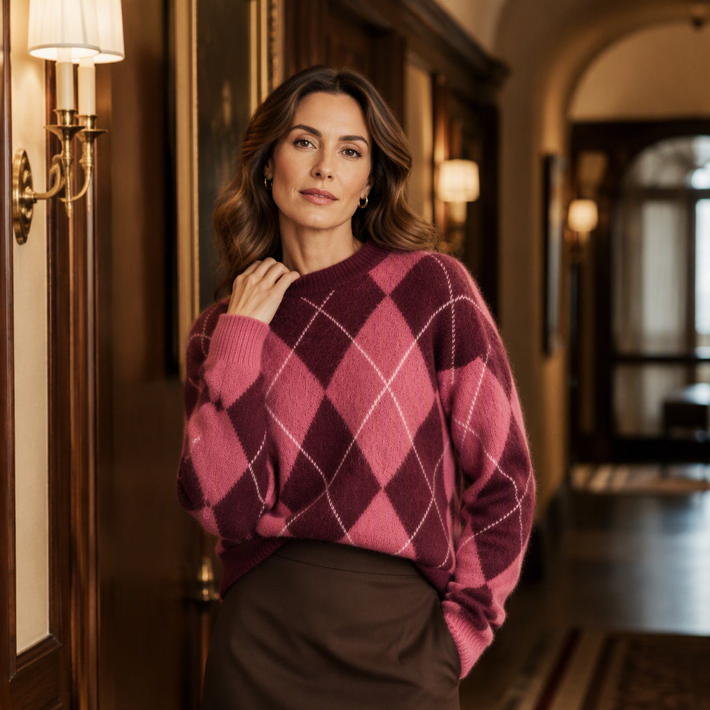 Pull en tricot doux à motif losanges rétro pour femme
