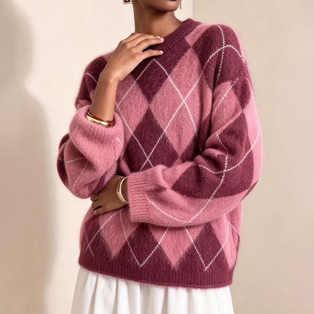 Pull en tricot doux à motif losanges rétro pour femme