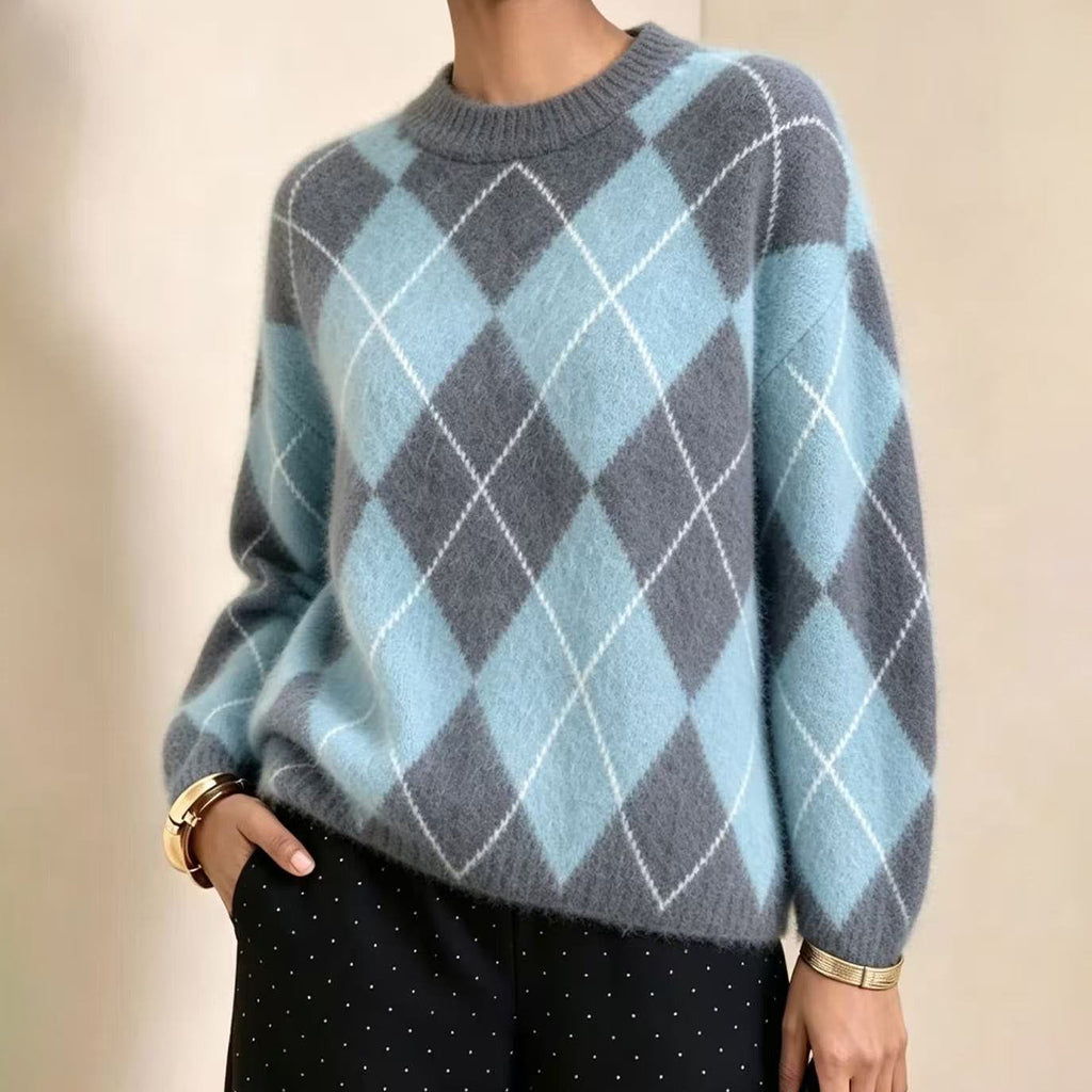Pull en tricot doux à motif losanges rétro pour femme