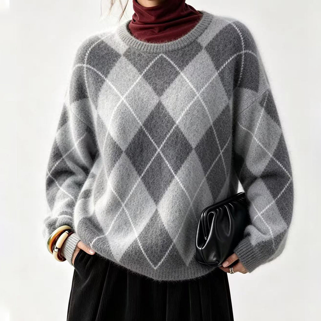 Pull en tricot doux à motif losanges rétro pour femme
