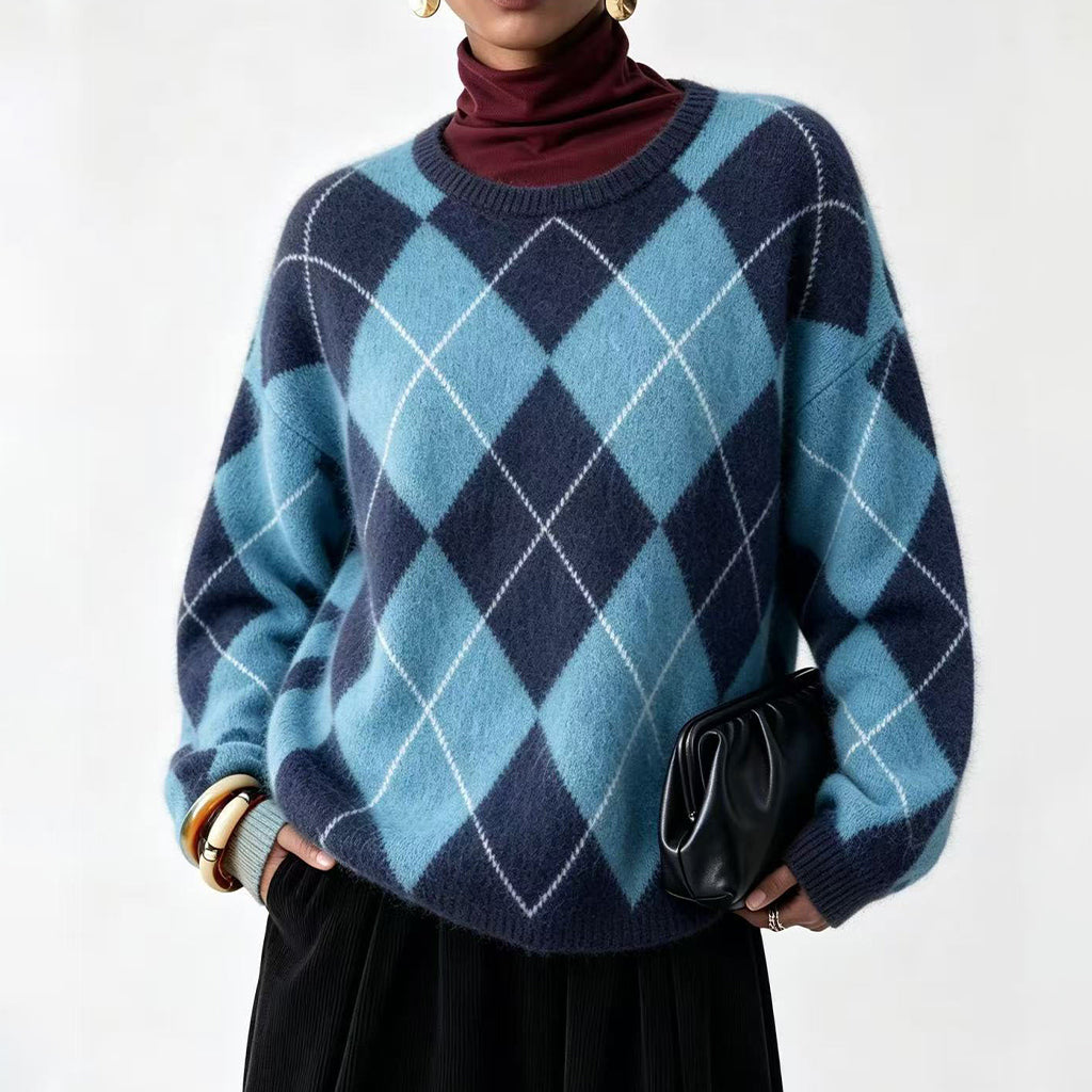 Pull en tricot doux à motif losanges rétro pour femme