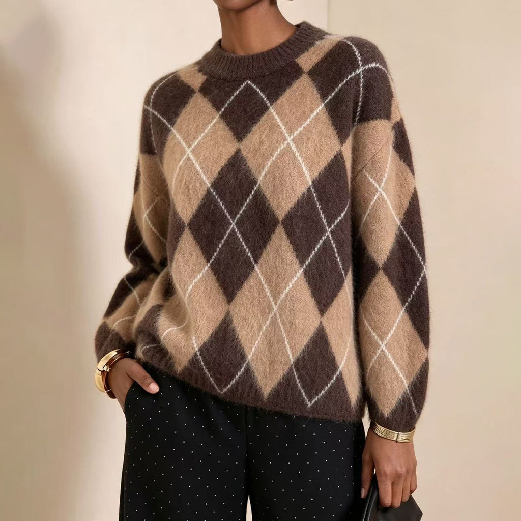 Pull en tricot doux à motif losanges rétro pour femme