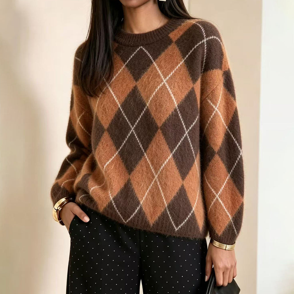Pull en tricot doux à motif losanges rétro pour femme