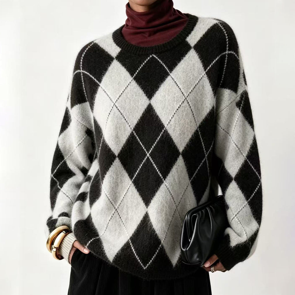 Pull en tricot doux à motif losanges rétro pour femme