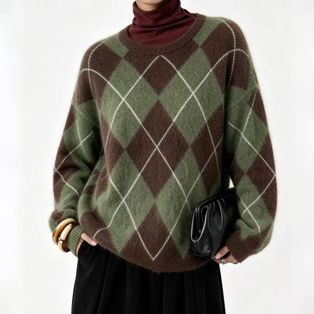 Pull en tricot doux à motif losanges rétro pour femme