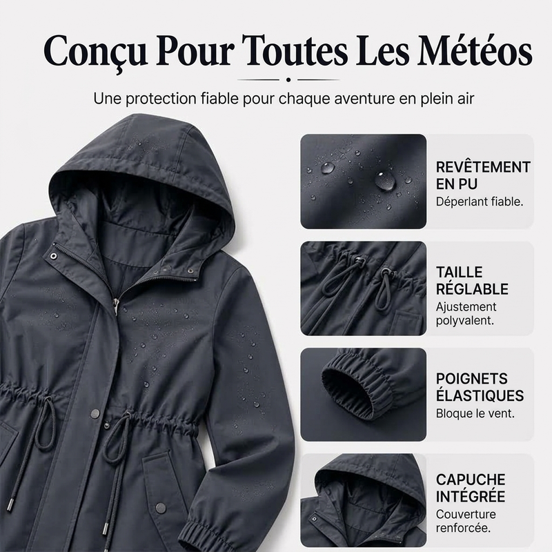 ⏳Liquidation totale⏳Veste coupe-vent à capuche mi-longue pour femme