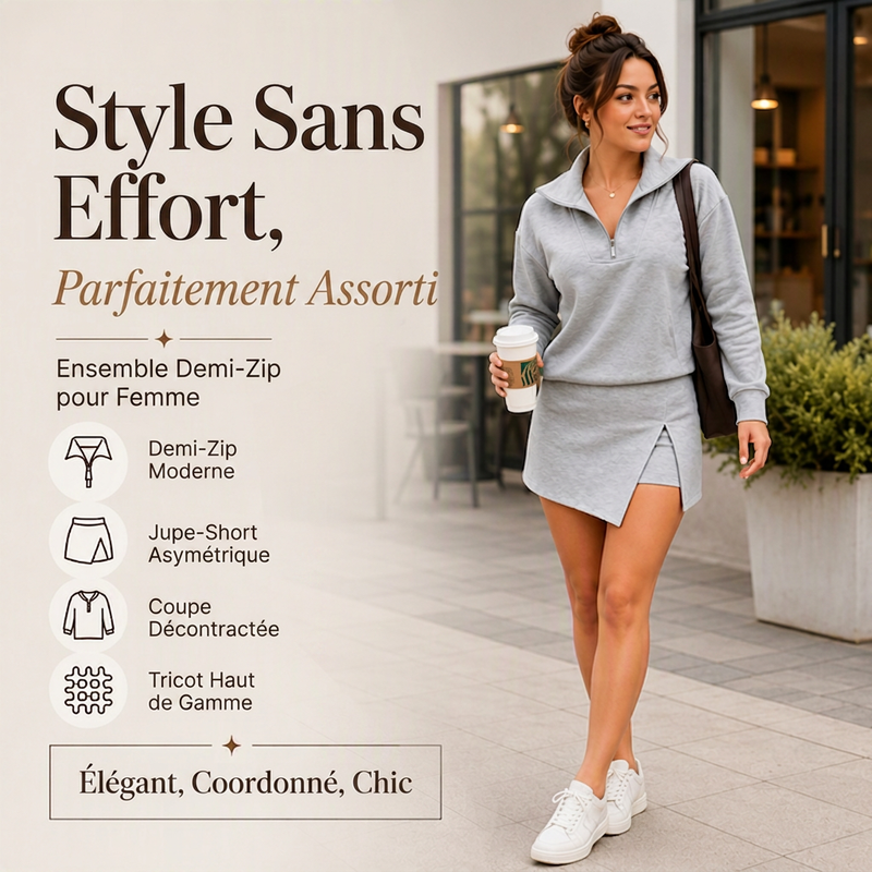 ⏳Liquidation totale⏳Ensemble pour femme : pull demi-zip et jupe-short portefeuille asymétrique