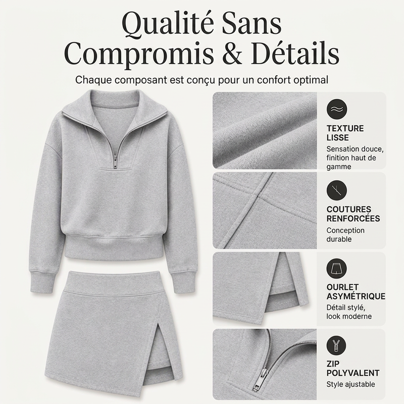 ⏳Liquidation totale⏳Ensemble pour femme : pull demi-zip et jupe-short portefeuille asymétrique