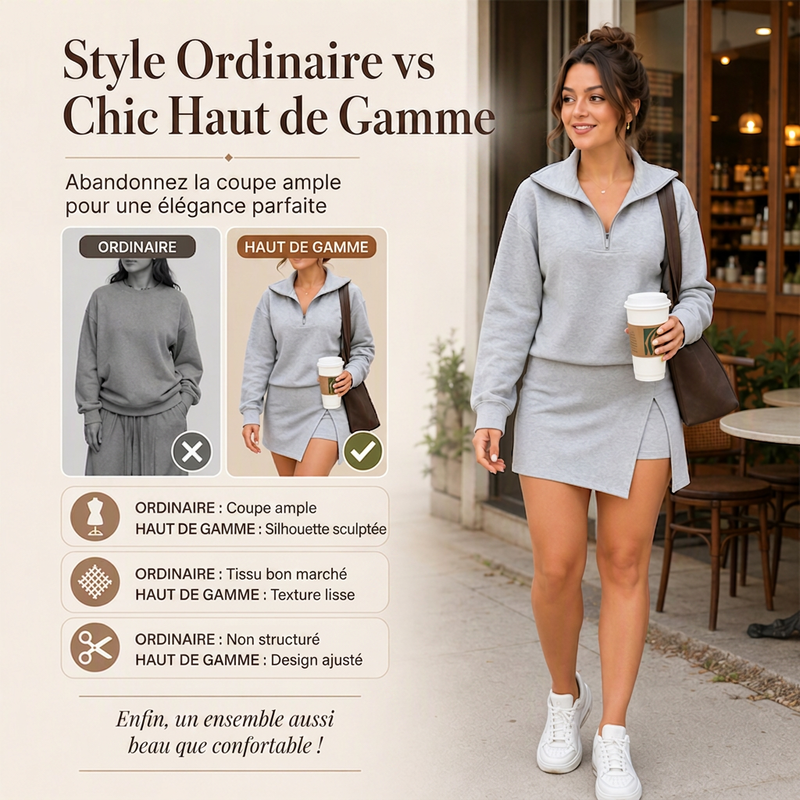 ⏳Liquidation totale⏳Ensemble pour femme : pull demi-zip et jupe-short portefeuille asymétrique