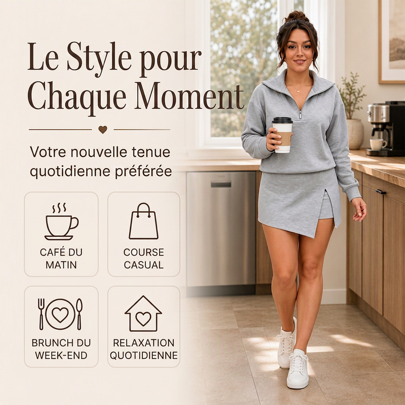 ⏳Liquidation totale⏳Ensemble pour femme : pull demi-zip et jupe-short portefeuille asymétrique